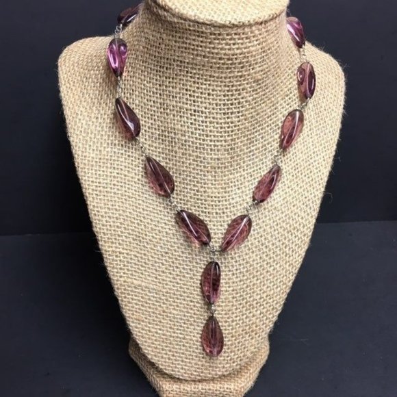 Y Drop Necklace Purple Organic Chunky Translucent Silver Chain Retro Boho Soft - Picture 1 of 7